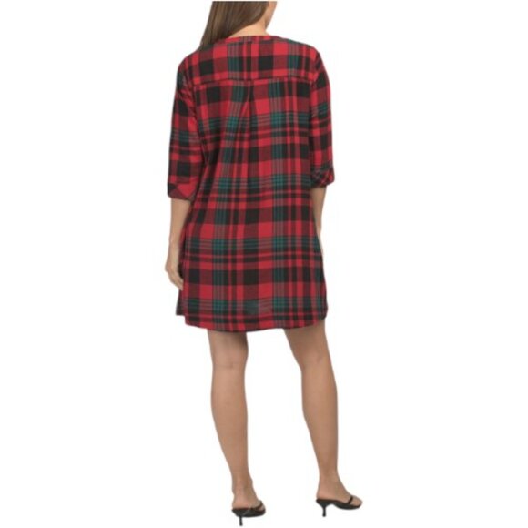 NICOLE MILLER NEW YORK Linen Blend Plaid Mini Shirt Dress - Picture 2 of 3